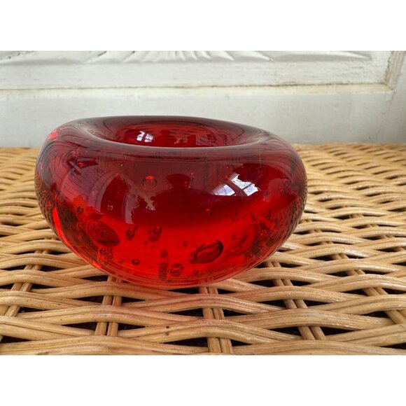 Vintage MCM Red Art Glass Votive Candle Holder Bullicante Bubbles - Picture 3 of 11
